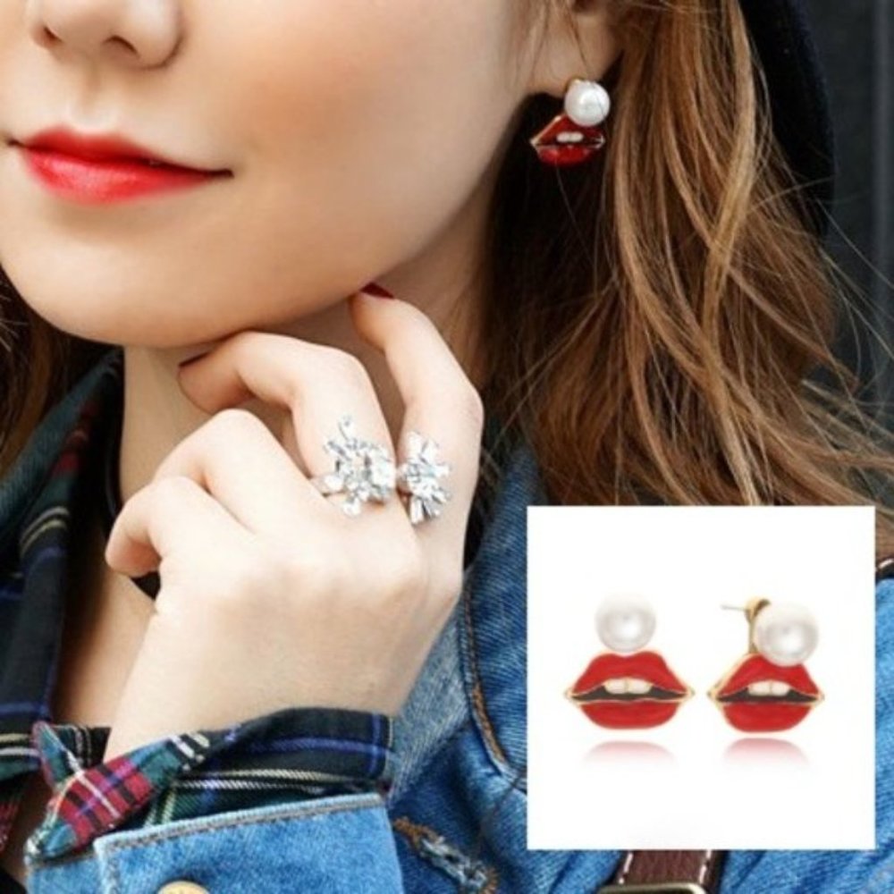 Sexy Chic Red Lips Pearl Jacket Earrings